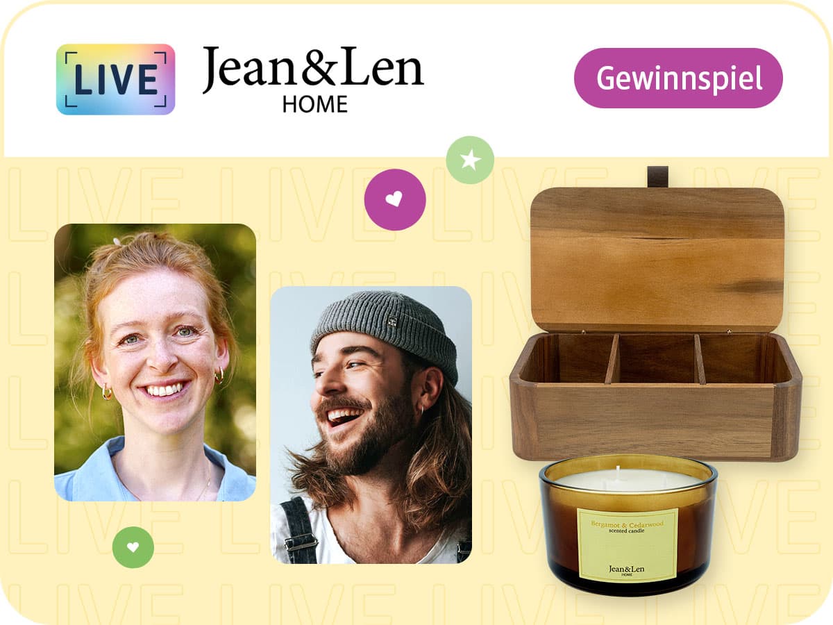 Moderator Eric Schroth lächelt in die Kamera, daneben Jean&Len 3 Docht-Duftkerze und Aufbewahrungsbox für Tee aus Akazienholz, das dm x Jean&Len Home Logo sowie der Hinweis auf ein Gewinnspiel