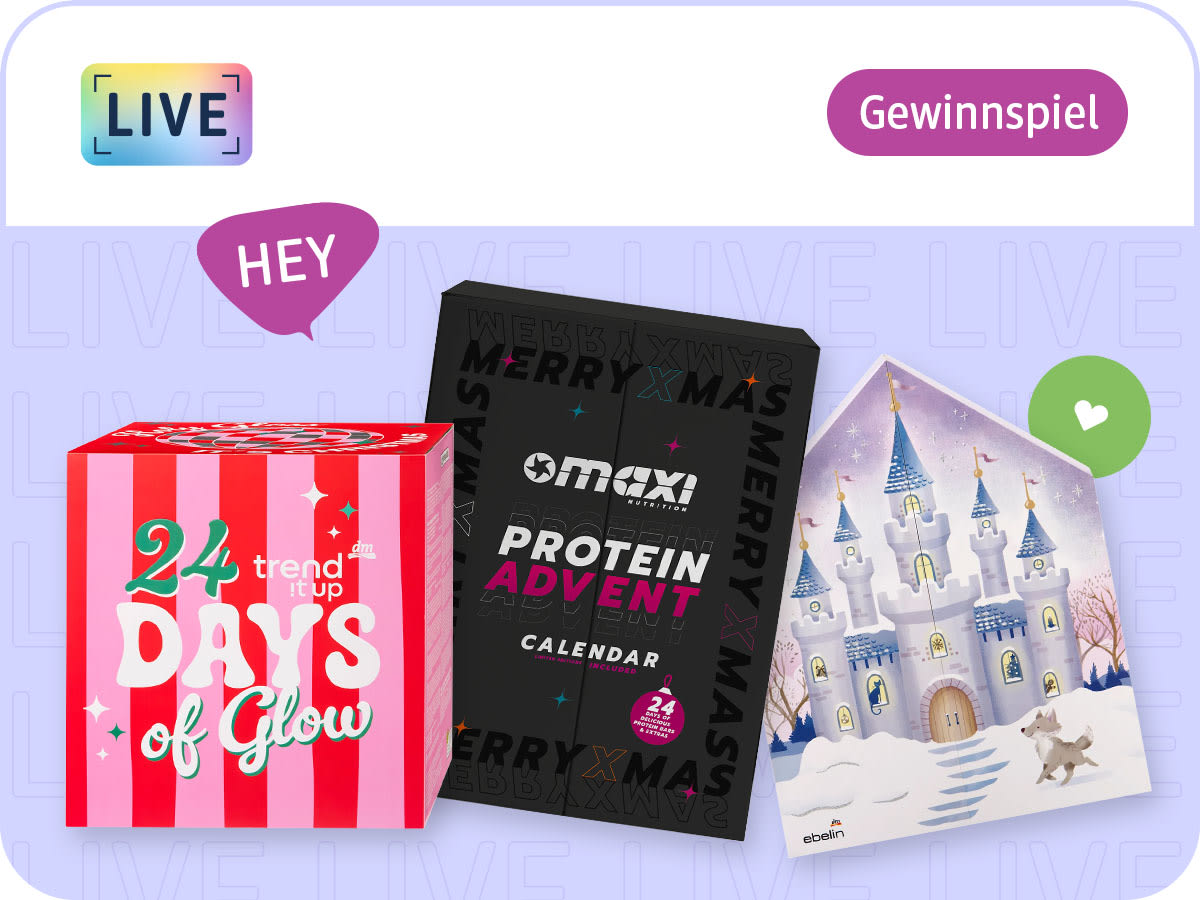 Drei Adventskalender von ebelin, MaxiNutrition und trend !t up sowie der Hinweis auf ein Gewinnspiel