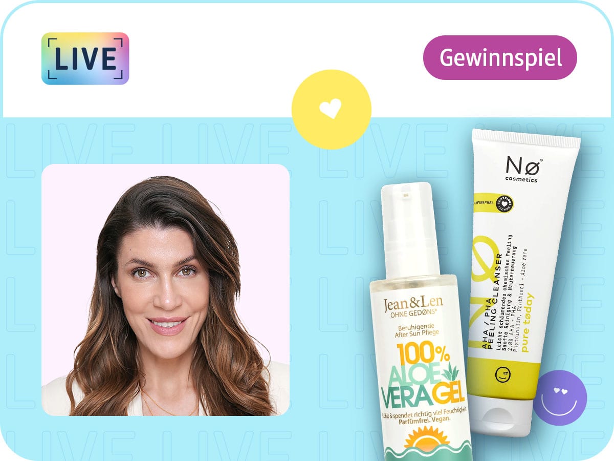 Moderatorin fraubeauty lächelt in die Kamera, daneben Jean&Len After Sun Aloe Vera Gel und NØ cosmetics Peeling Cleanser AHA / PHA sowie der Hinweis auf ein Gewinnspiel
