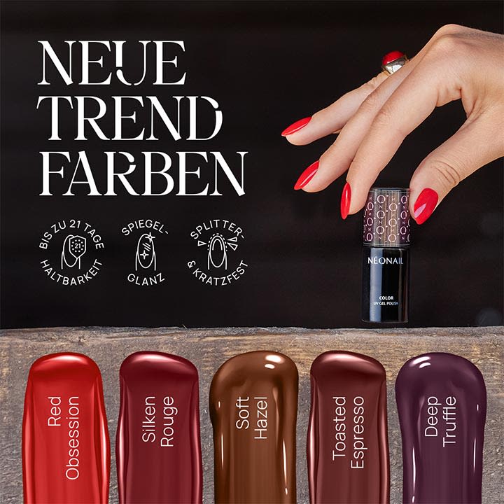Hand mit roten, ovalen Fingernägeln hält eine kleine schwarze Nagellack-Flasche der Marke NEONAIL, darunter fünf Farbtupfer in Rot-, Braun- und Violetttönen mit je kurzem Farbnamen, links oben großer Text „NEUE TREND FARBEN“ und drei Piktogramme zu Haltbarkeit, Glanz und Kratzfestigkeit