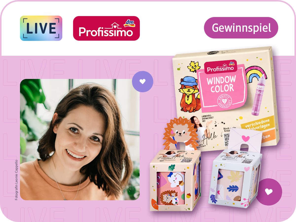 Moderatorin Frau Hölle lächelt in die Kamera, daneben Profissimo Stickerrolle und Window Color, das Profissimo Logo sowie der Hinweis auf ein Gewinnspiel