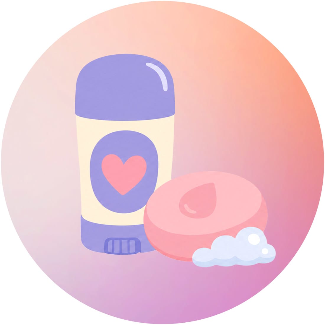 Illustration eines festen Deodorantsticks mit Herzsymbol neben einem runden Stück Seife und etwas Schaum