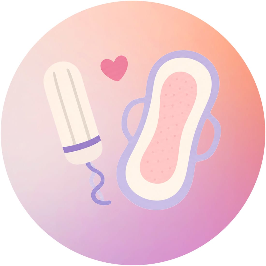 Illustration in Kreis: weißer Tampon mit Rückholband neben rosa-braun gefärbter Damenbinde und kleinem Herzsymbol
