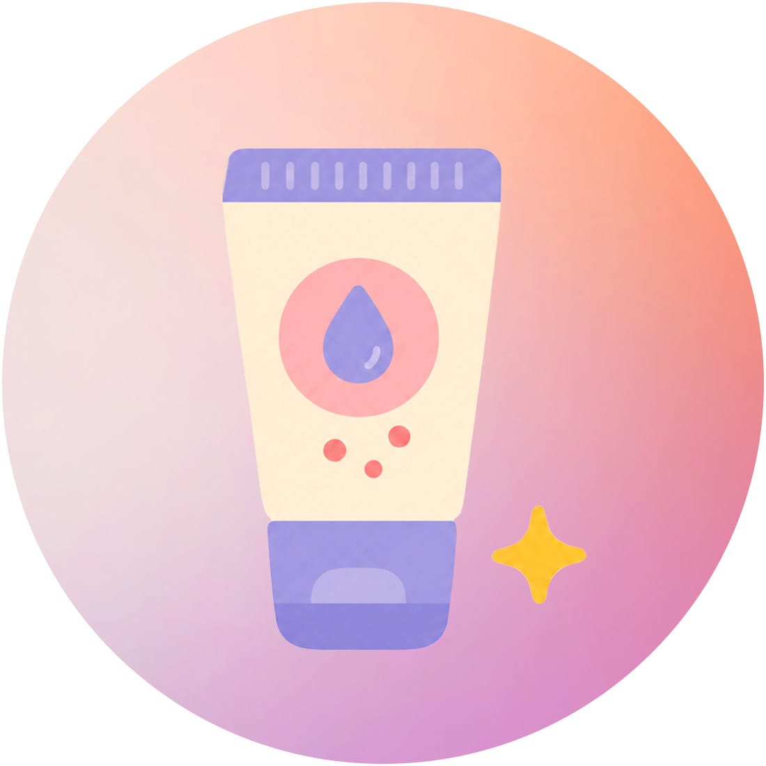 Illustration einer Kosmetiktube mit Tropfen-Symbol, lila Verschluss und gelbem Glanzstern vor kreisförmigem Farbverlauf-Hintergrund