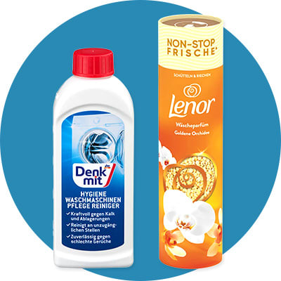 weiße Flaschenverpackung links mit rotem Verschluss und blauem Etikett „Denk mit“ Hygiene Waschmaschinen Pflege Reiniger; rechts orange-gelbe Runddose mit Aufschrift „Lenor Non-Stop Frische Wäscheparfüm Goldene Orchidee“ und Blumenmotiv
