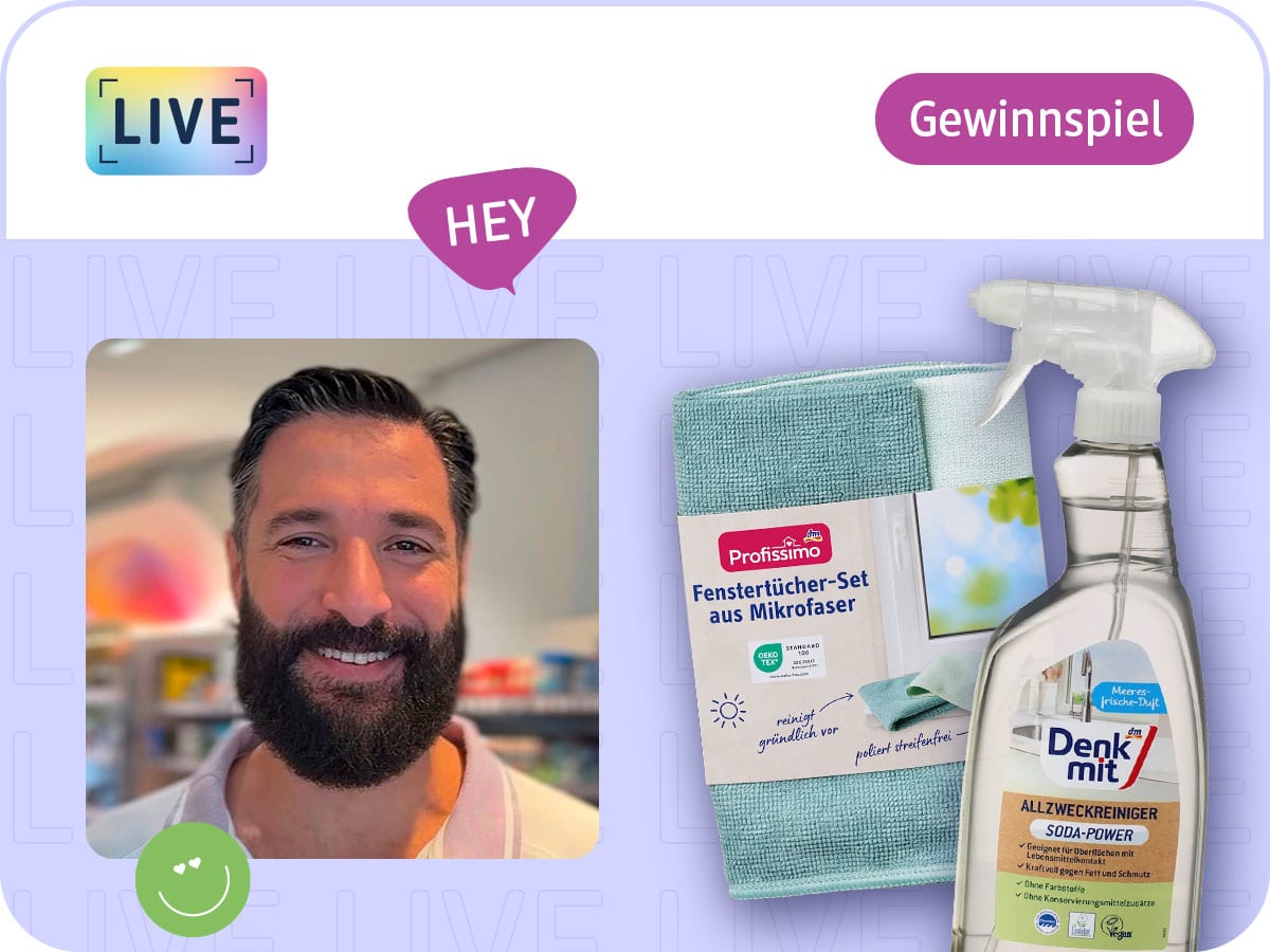 Content Creator Hicham lächelt in die Kamera, daneben Denkmit Allzweckreiniger Soda Power und Profissimo Fenstertücher Mikrofaser-Set sowie der Hinweis auf ein Gewinnspiel