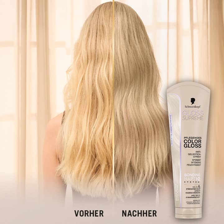 Rückansicht einer blondierten Haarlänge, links wellig matt mit Text „VORHER“, rechts glatter glänzend mit Text „NACHHER“, daneben eine hellbeige Tube Schwarzkopf Gloss Supreme Pflegendes Color Gloss mit sichtbarem Produktnamen und Logo