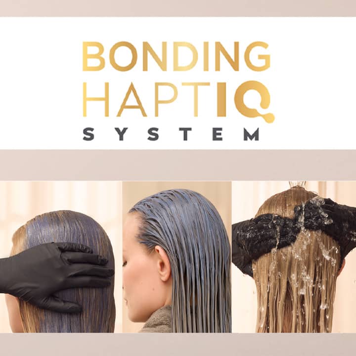 Logo „BONDING HAPTIC SYSTEM“ oben, darunter drei Produktanwendungsfotos: links eine Person von hinten, die Kopfhaut wird mit schwarzem Handschuh massiert, Mitte Profil einer Frau mit gleichmäßig aufgetragenem, nassem Haarprodukt, rechts Rückansicht einer Person, bei der ein dunkles Produkt ausgewaschen wird