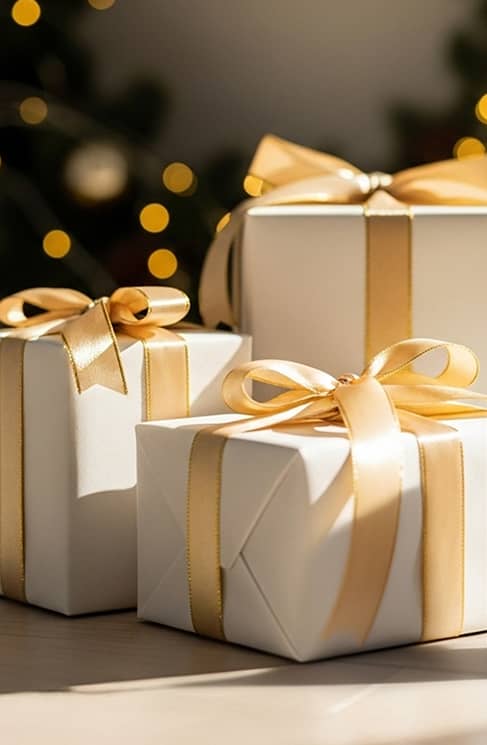 Drei weiße Geschenkboxen mit goldenen Satinbändern und Schleifen, unscharfer Weihnachtsbaum mit Lichtern im Hintergrund. Bild mithilfe von KI erstellt
