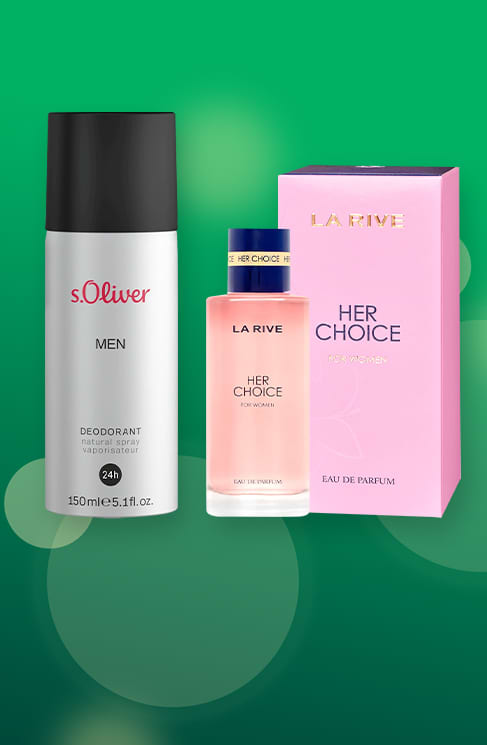 links eine silberne Deo-Spray-Dose mit schwarzem Deckel und rotem Schriftzug „s.Oliver MEN“, mittig eine roséfarbene Parfumflasche mit dunkelblauem Verschluss und Aufschrift „LA RIVE HER CHOICE for women“, rechts die passende rosa Verpackungsbox mit goldener Aufschrift „LA RIVE“ und großem Schriftzug „HER CHOICE“