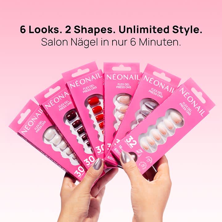Fächer aus fünf pinken Verpackungen mit jeweils sichtbaren künstlichen Fingernägeln der Marke NEONAIL, verschiedene Farben und Formen, darüber Teiltext „Salon Nägel in nur 6 Minuten“