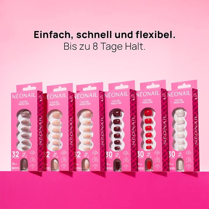 Sechs rosa Verpackungen mit NEONAIL Flex Gel Press On-Press‑On-Nägeln in verschiedenen Farben und Designs nebeneinander, darüber der Text „Einfach, schnell und flexibel. Bis zu 8 Tage Halt.“