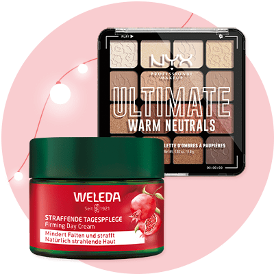 Eine Collage aus zwei Produkten: vorne eine rote Weleda-Creme mit der Aufschrift „Straffende Tagespflege“ und einem Granatapfelmotiv, hinten eine NYX-Lidschattenpalette mit der Aufschrift „Ultimate Warm Neutrals“