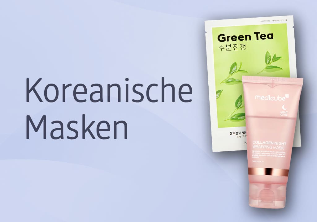Auf hellviolettem Hintergrund links der Text „Koreanische Masken“, rechts oben eine grün-weiße Gesichtsmaske mit der Aufschrift „Green Tea“ und koreanischen Schriftzeichen sowie links daneben ein rosafarbenes Tubenprodukt mit metallicrotem Verschluss und der Aufschrift „medicube“