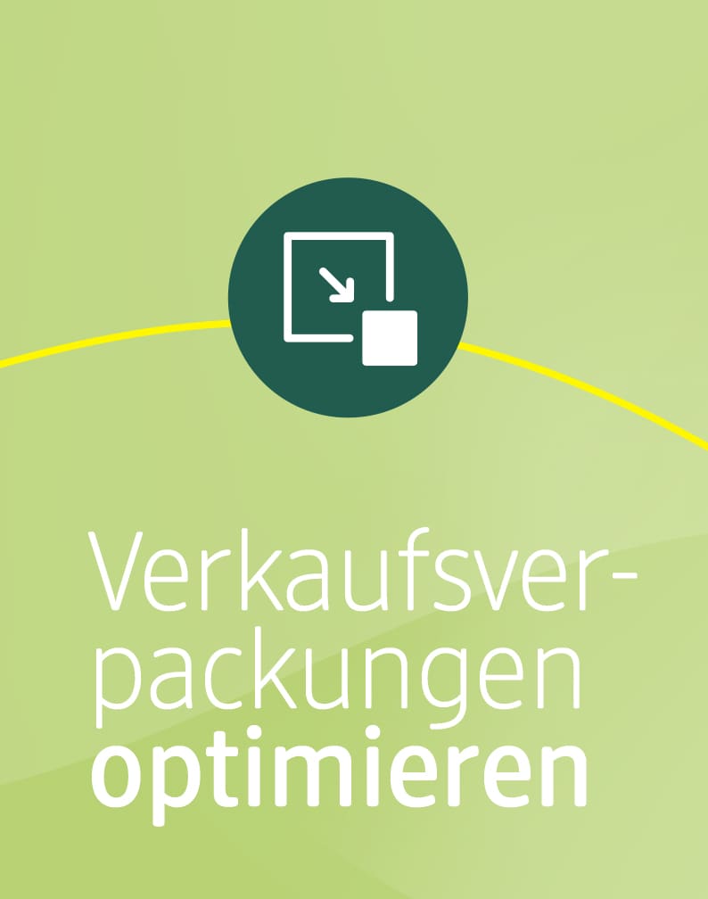 Ein grüner Kreis mit einem weißen Symbol darin, das einen Pfeil zeigt, der in ein Quadrat führt, darüber steht auf hellgrünem Hintergrund der Text Verkaufsverpackungen in weißer Schrift.