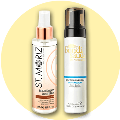 Eine Flasche St. Moriz Selbstbräunungs-Gesichtsspray neben einer Flasche Bondi Sands Selbstbräunungsschaum mit Kokosduft