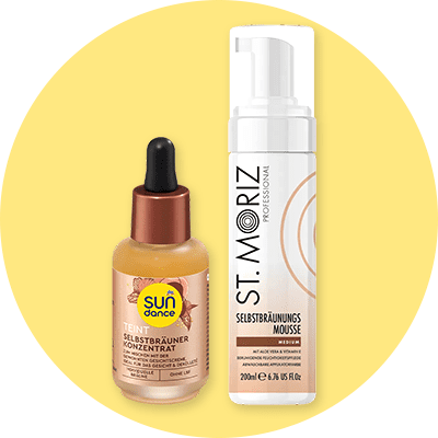 Zwei Selbstbräuner-Produkte auf gelbem Hintergrund