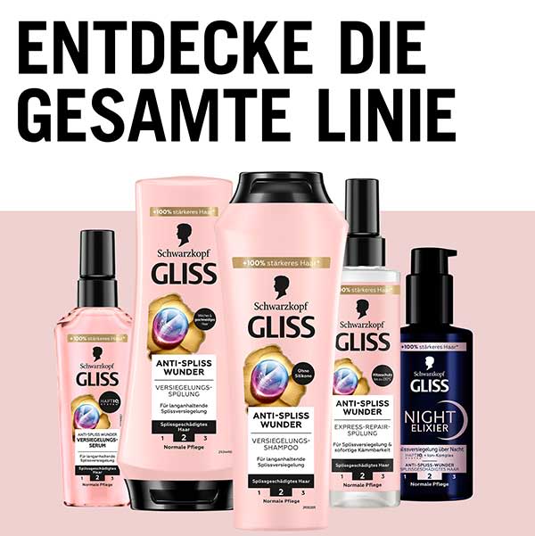 Fünf Pflegeprodukte der Marke Schwarzkopf Gliss nebeneinander: links ein hellrosaner Sprayflakon, daneben eine hellrosane Spülung, in der Mitte ein hellrosanes Shampoo mit schwarzem Verschluss, rechts ein kleiner Sprühflakon und ein dunkelblauer Pumpspender mit der Aufschrift „Night Elixir“, darüber großer Schriftzug „GESAMTE LINIE“