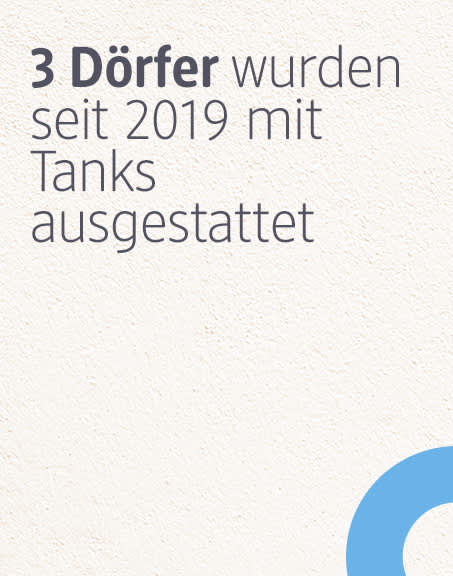 3 Dörfer wurden seit 2019 mit Tanks ausgestattet, schwarze und graue Schrift auf hellem Hintergrund, unten rechts teilweiser blauer Kreis