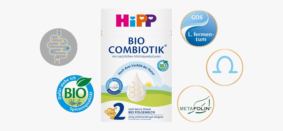Produktverpackung von Hipp Bio Combiotik Folgemilch mit natürlichem Milchsäurekulturen, Aufschrift „nach dem Vorbild der Natur“, „nach dem 6. Monat“, „BIO FOLGEMILCH“, „sanft und besonders gut sättigend“, daneben Bio-Siegel, GOS L. fermentum, Metafolin-Symbol