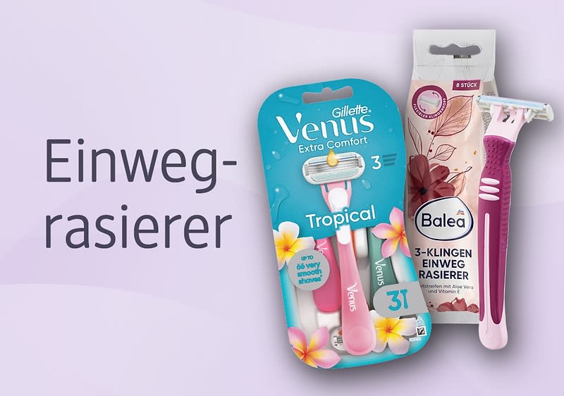 Verpackungen von Einwegrasierern. Links eine türkisfarbene Verpackung von Gillette Venus mit der Aufschrift „Tropical“ und einem rosa Rasierer. Rechts eine Verpackung von Balea mit einem rosa-weißen Rasierer und der Aufschrift „3-Klingen Einweg Rasierer“