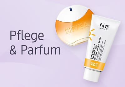 Eine orange-weiße runde Parfümflasche mit der Aufschrift NIVEA und eine weiße Tube mit der Aufschrift Nø und HYPERSHIELD SPF 30 UV-SCHUTZ sowie 30 LSF HOCH auf einem hellvioletten Hintergrund, daneben der Text Pflege & Parfum