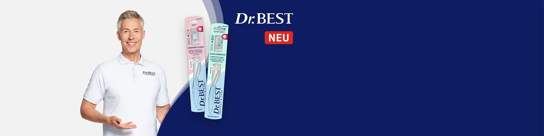 Zwei Zahnbürstenverpackungen der Marke Dr. BEST auf blauem Hintergrund, links eine rosa Verpackung mit der Aufschrift SOFT und COMFORT CLEAN sowie einem Bild der Zahnbürste, rechts eine hellblaue Verpackung mit der Aufschrift ULTRA SOFT und ULTRA SENSITIVE sowie einem Bild der Zahnbürste, oben rechts das Dr. BEST-Logo und ein rotes Rechteck mit der weißen Aufschrift NEU
