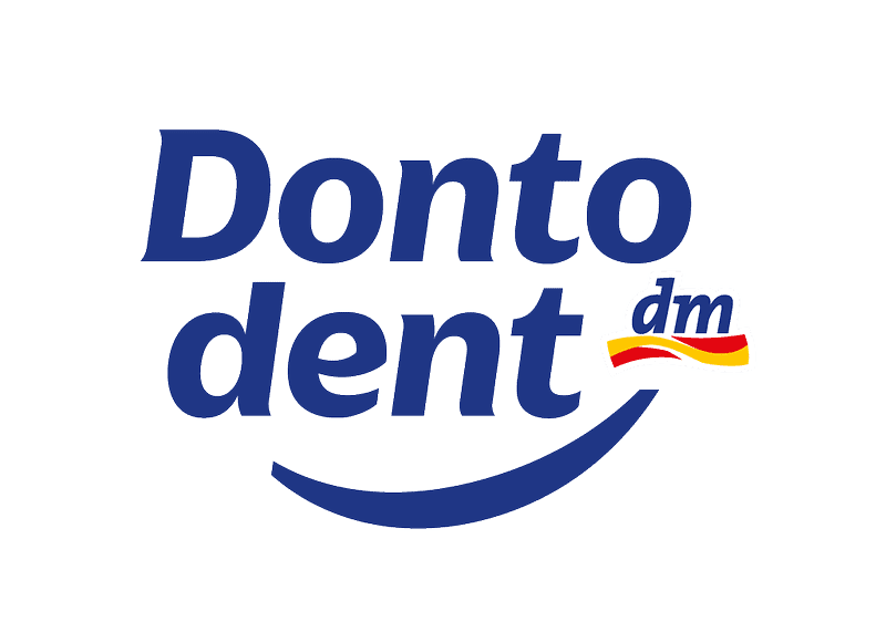 Logo der Marke Dontodent mit blauem Schriftzug und einem blauen Lächeln, rechts oben kleines dm-Logo mit roten und gelben Wellen