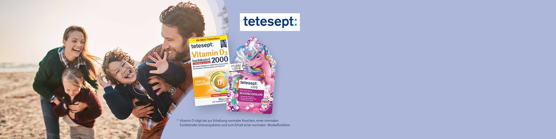 Zwei Produktverpackungen von tetesept vor hellblauem Hintergrund: links eine weiße und gelb-orange Schachtel „Vitamin D3 hochdosiert 2000“ mit Hinweis „50 Mini-Tabletten“ und „2000 I.E. Vitamin D3“, rechts eine pinke tetesept KIDS Sprudelbad-Verpackung „Regenbogenland“ mit buntem Einhorn und der Aufschrift „Pflege & Spaß“