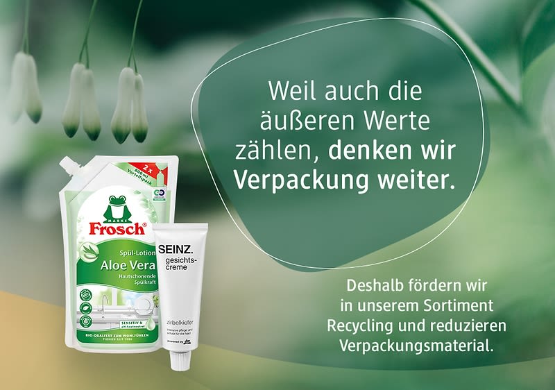 Wir denken Verpackung weiter. Deshalb fördern wir in unserem Sortiment Recycling und reduzieren Verpackungsmaterial.