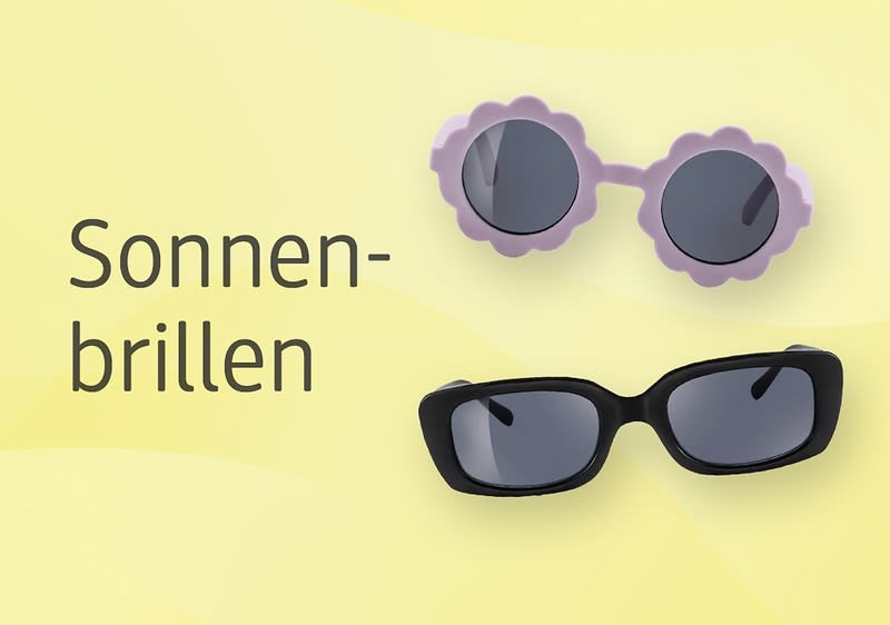 Zwei Sonnenbrillen auf hellgelbem Hintergrund. Oben eine Sonnenbrille mit lila, blumenförmigem Rahmen und runden Gläsern, unten eine schwarze Sonnenbrille mit rechteckigen Gläsern. Links daneben der Text „Sonnenbrillen“.