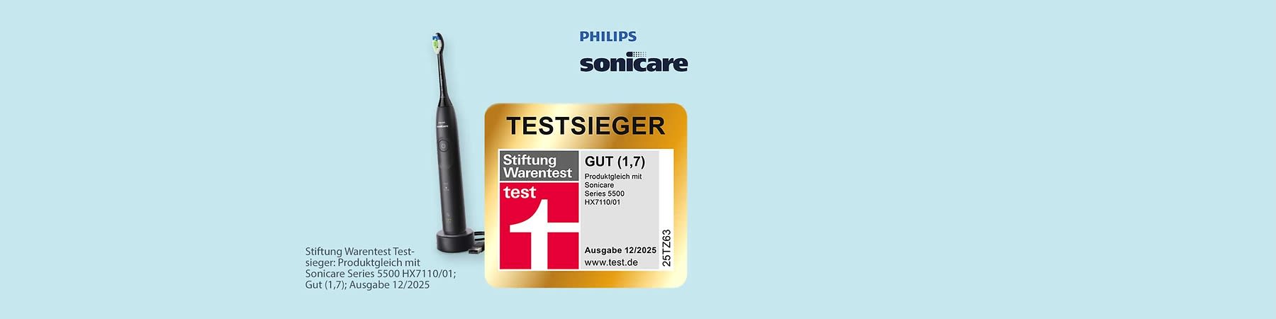 Eine schwarze elektrische Zahnbürste von Philips Sonicare neben einem Testsieger-Siegel der Stiftung Warentest im Produktvergleich mit der Bewertung „GUT (1,7)“ für die Sonicare Series 5500 HX7110/01, Ausgabe 12/2025