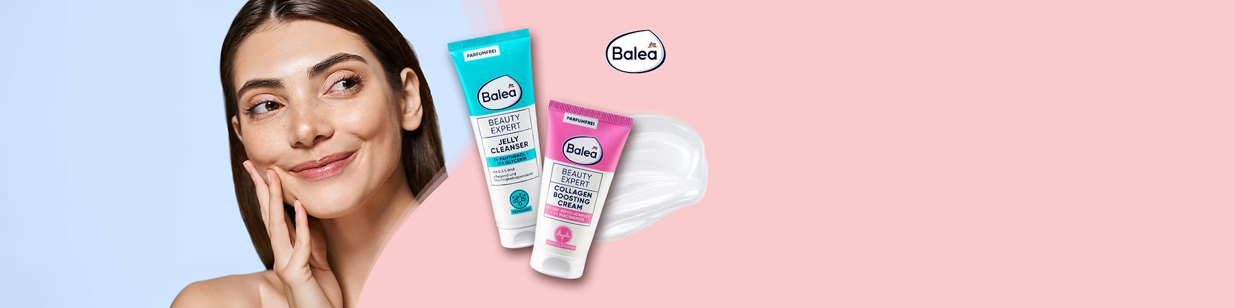 Porträt einer lächelnden Frau, daneben zwei Balea Beauty Expert Tuben: blau-grüne „Jelly Cleanser“ und rosa „Collagen Boosting Cream“, rechts oben Balea-Logo