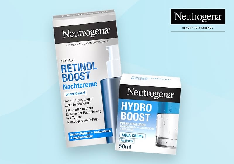 Zwei Produktverpackungen von Neutrogena sind abgebildet, links eine schwarze und hellblaue Verpackung mit der Aufschrift Neutrogena Anti-Age Retinol Boost Nachtcreme, daneben eine weiße und blaue Verpackung mit der Aufschrift Neutrogena Hydro Boost Aqua Creme, beide Verpackungen zeigen das Neutrogena-Logo und den Slogan Beauty to a Science oben rechts auf einem hellblauen Hintergrund