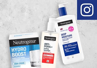 Drei Neutrogena-Produkte auf einem grauen Hintergrund, links eine Verpackung der Hydro Boost Aqua Creme mit der Aufschrift Pures Hyaluron + Glycerin + Elektrolyte und Parfümfrei, in der Mitte eine Flasche Anti-Pickel+ Peeling Waschgel mit rotem Etikett und der Aufschrift Hilft Pickel und Mitesser zu entfernen, rechts eine große Flasche Deep Moisture Body Lotion mit der Aufschrift 450 ml, Sofort einziehende Formel, 10% Glycerin + Vitamin E und Für extra trockene Haut, oben rechts das Instagram-Logo