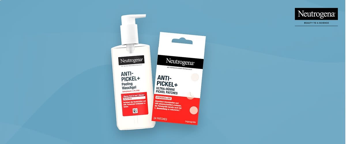 Eine weiße Flasche mit rotem Etikett und der Aufschrift „Neutrogena Anti-Pickel+ Peeling Waschgel“ neben einer Verpackung mit der Aufschrift „Neutrogena Anti-Pickel+ Ultra-Dünne Pickel Patches“ auf hellblauem Hintergrund. Oben rechts das Logo von Neutrogena.