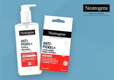 Eine Produktabbildung von Neutrogena mit zwei Artikeln auf einem hellblauen Hintergrund, links eine Flasche mit Pumpspender und der Aufschrift Neutrogena Anti-Pickel+ Peeling Waschgel sowie Mit Salicylsäure & Niacinamid, rechts eine Packung mit der Aufschrift Neutrogena Anti-Pickel+ Ultra-Dünne Pickel Patches und 24 Patches, oben rechts das Neutrogena-Logo mit dem Slogan Beauty to a Science