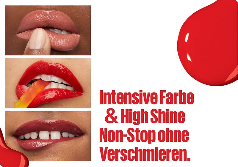 Eine Collage aus drei Bildern zeigt Lippen mit den verschiedenen Lippenstift Farben. Rechts neben den Bildern steht der Text Intensive Farbe & High Shine Non-Stop ohne Verschmieren in roter Schrift auf weißem Hintergrund.