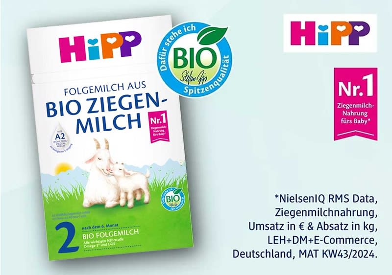 Produktverpackung einer Folgemilch aus Bio Ziegenmilch mit der Aufschrift „Nr. 1 Ziegenmilchnahrung fürs Baby“ und „Bio Spitzenqualität“. Links oben das HiPP-Logo, rechts ein rosa Feld mit „Nr. 1“. Unten ein Hinweis auf NielsenIQ RMS Data und Umsatzdaten