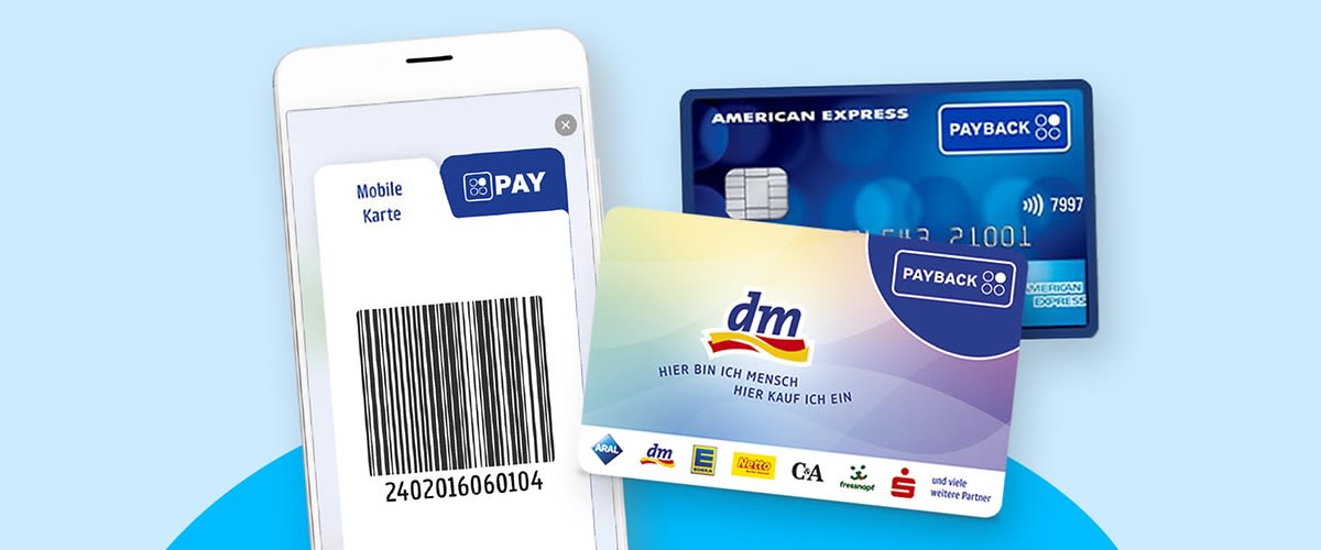 Smartphone mit digitaler PAYBACK Karte, eine normale PAYBACK Karte und eine American Express PAYBACK Karte
