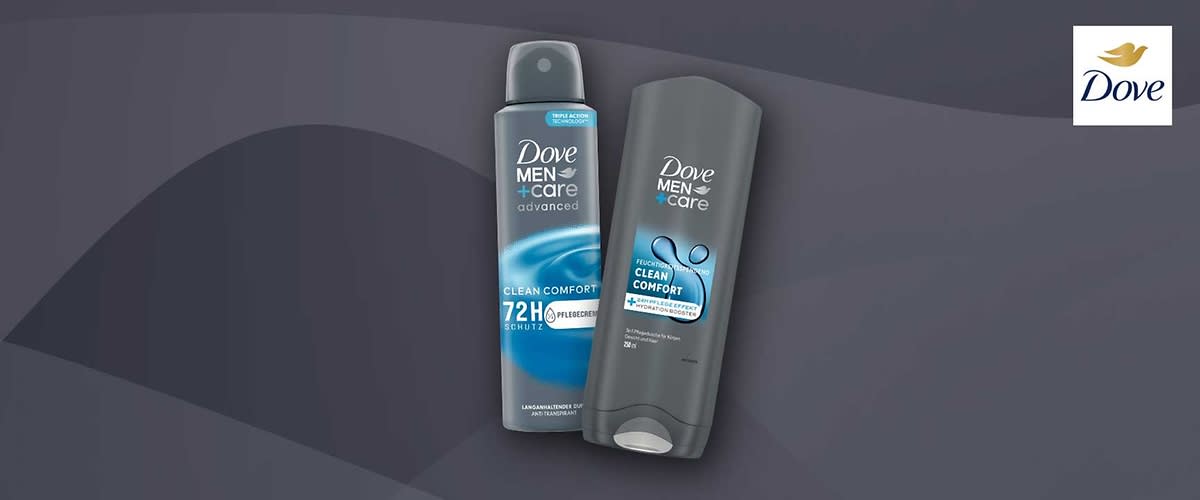 Zwei graue Dove Men+Care Pflegeprodukte nebeneinander: links eine Sprühdose mit Aufschrift „0% CLEAN COMFORT 72H DEODORANT“, rechts eine stehende Duschgel- oder Pflegesahneflasche mit Aufschrift „CLEAN COMFORT“, oberes rechts das Dove-Logo ohne weiteren Text