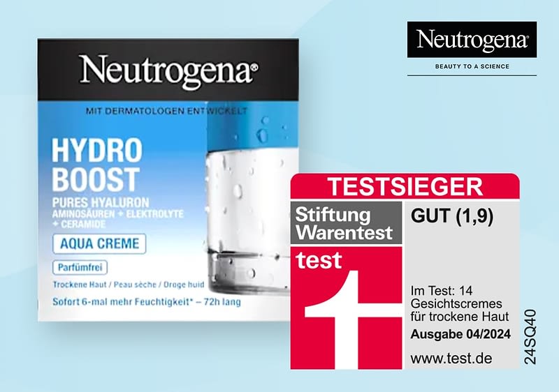 Eine Produktverpackung von Neutrogena Hydro Boost Aqua Creme ist abgebildet, daneben eine Verpackung der Hydro Boost Gel-Creme, darunter ein Siegel dem Logo von Stiftung Warentest und der Aufschrift Im Test: 14 Gesichtscremes für trockene Haut Ausgabe 04/2024 www.test.de, oben rechts das Neutrogena-Logo mit dem Slogan Beauty to a Science