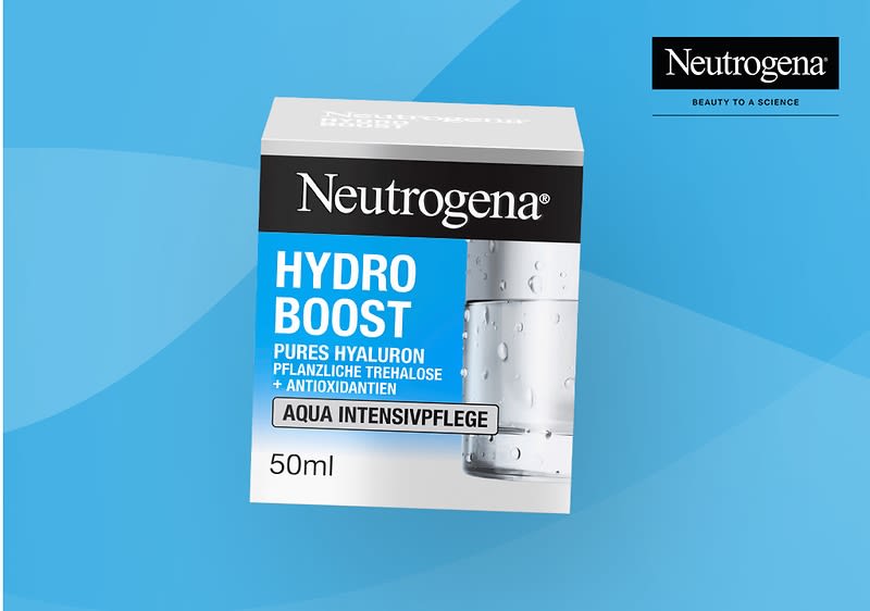 Neutrogena Hydro Boost Cremebox 50 ml mit Aufschriften „Hydro Boost“, „Pures Hyaluron pflanzliche Trehalose + Antioxidantien“ und „Aqua Intensivpflege“ auf blau-weißem Verpackungsdesign