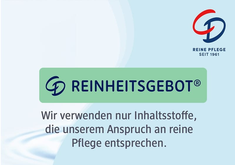 Reinheitsgebot-Logo mit Schriftzug „REINHEITSGEBOT“ und Text darunter: „Wir verwenden nur Inhaltsstoffe, die unserem Anspruch an reine Pflege entsprechen“, rechts oben kleines Logo und Schrift „REINE PFLEGE SEIT 1961“