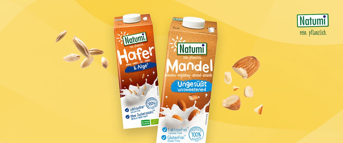 Zwei Pflanzendrinkprodukte von Natumi mit Hafer und Mandel
