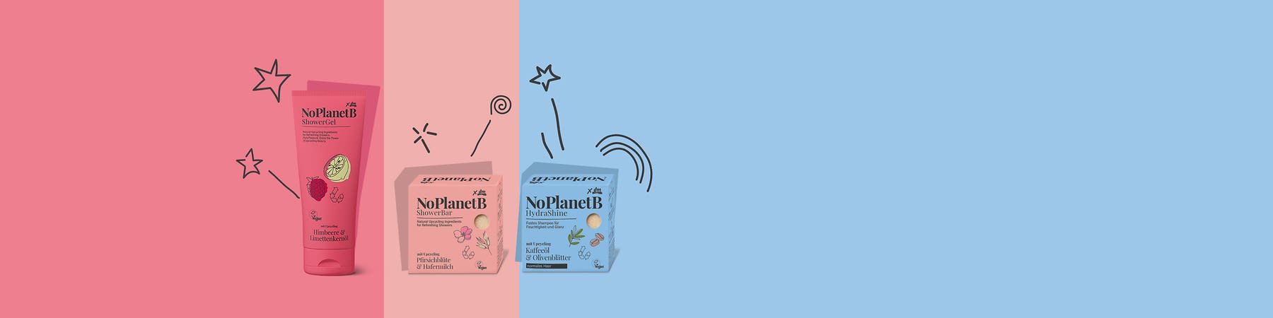 Drei Verpackungen von NoPlanetB Duschbars auf farbigen Hintergründen. Links eine pinke Verpackung mit der Aufschrift „Limettenzeste & Hafermilch“, in der Mitte eine rosa Verpackung mit „Pfirsichblüte & Hafermilch“, rechts eine blaue Verpackung mit „Kaffeeöl & Olivenblätter“