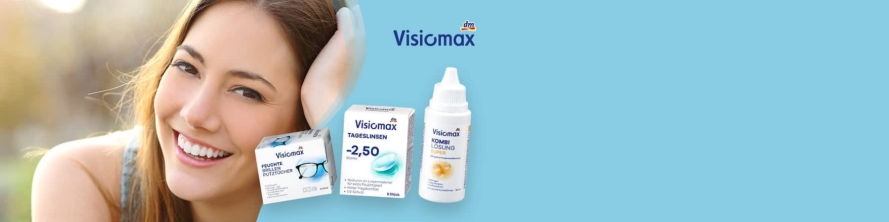 3 Visiomax Produkte mit lächelnder Frau