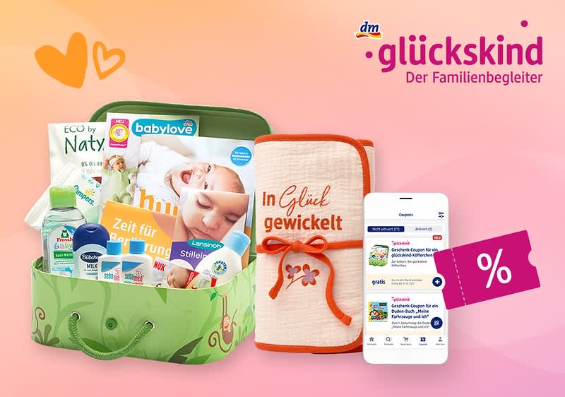 glückskind Vorteilsbox mit Produkten, Zeitschriften, Coupons in der App und einem Tuch