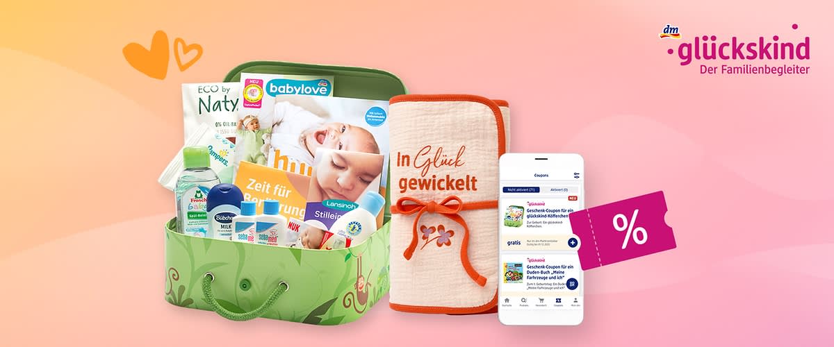 glückskind Vorteilsbox mit Produkten, Zeitschriften, Coupons in der App und einem Tuch