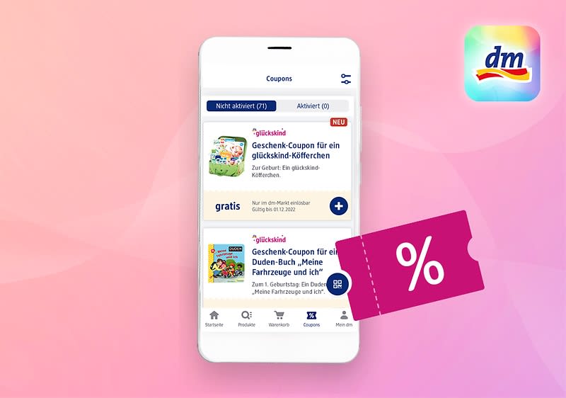 Smartphone mit Coupons in der dm-App als Screen